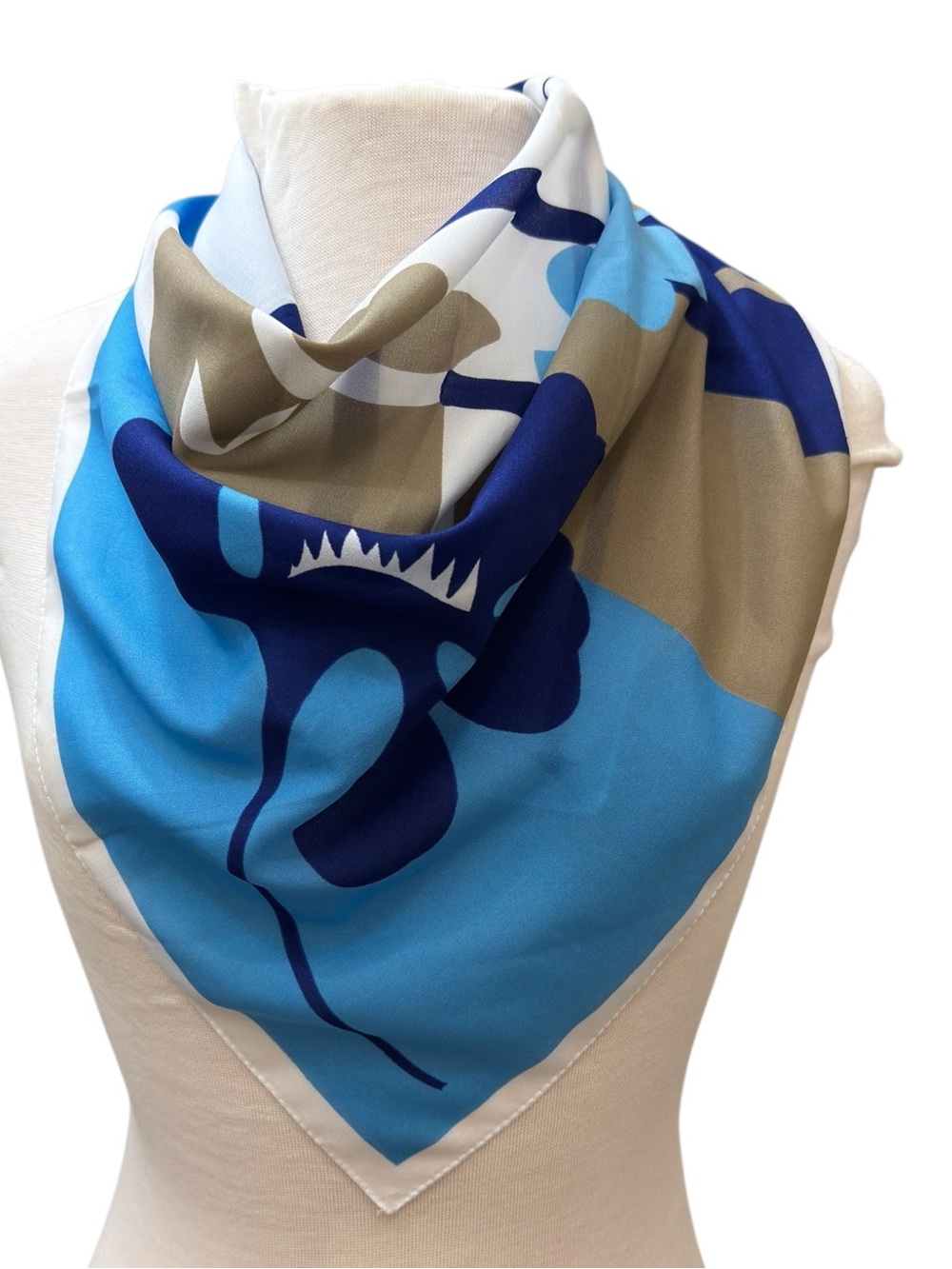 Vintage Abstract Floral Scarf 26” Square Blue White Tan Navy Retro Print